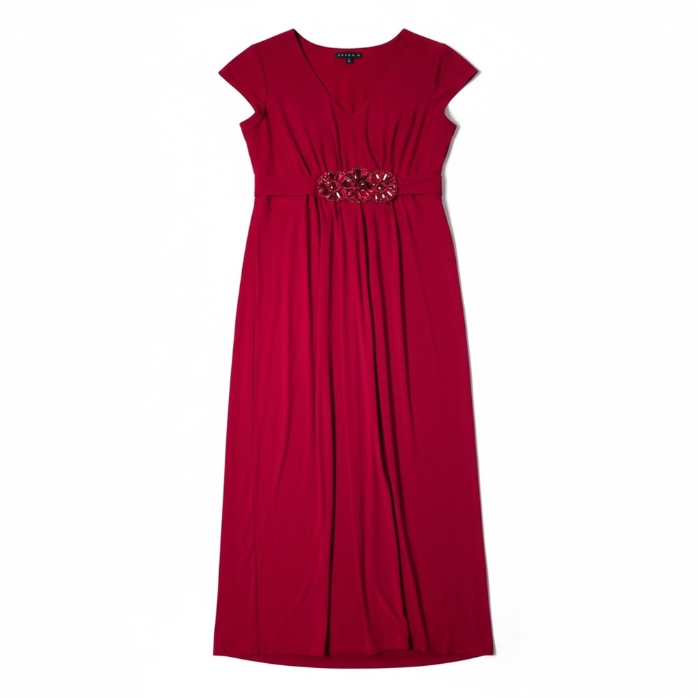 Tiana B. Ruby Red Cap Sleeve V-Neck Maxi Dress with Embellished Waist - Size L
